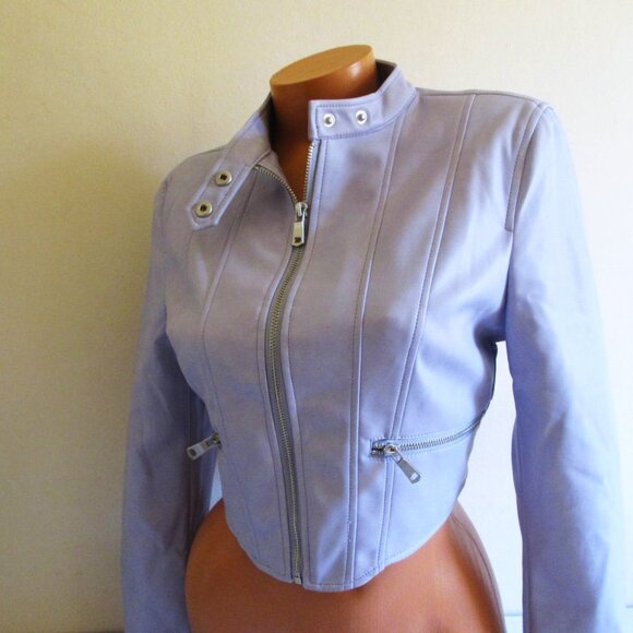 7 for All Mankind Cropped Faux Leather Jacket Medium Light Lilac Lavender Soft - Picture 6 of 11